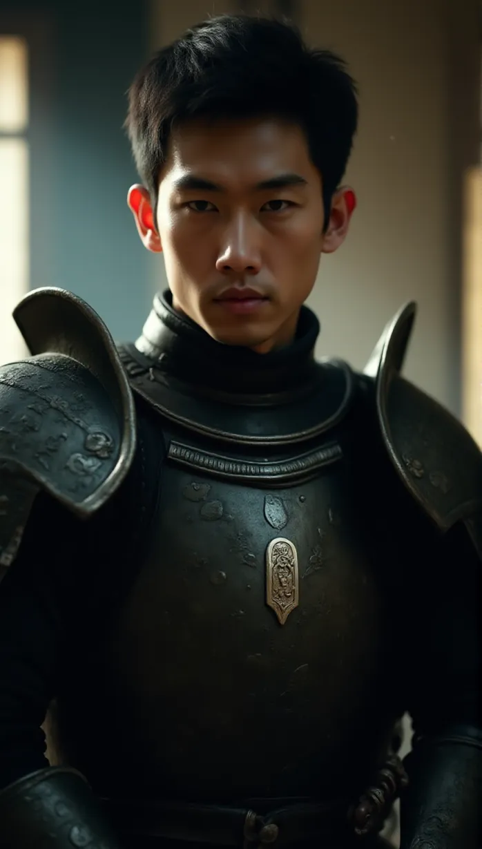 Image Close-up of 1 sexy young_adult asian man, muscular build, short black hair, determined expression, scar over left eye, wearing traditional Japanese-style black knight armor with silver trim and detailed engravings. Forearm guards are visible. He clutches a worn sword hilt. Sunlight streams through the window, dust motes dance in the air. Cinematic, intricate knight armor.