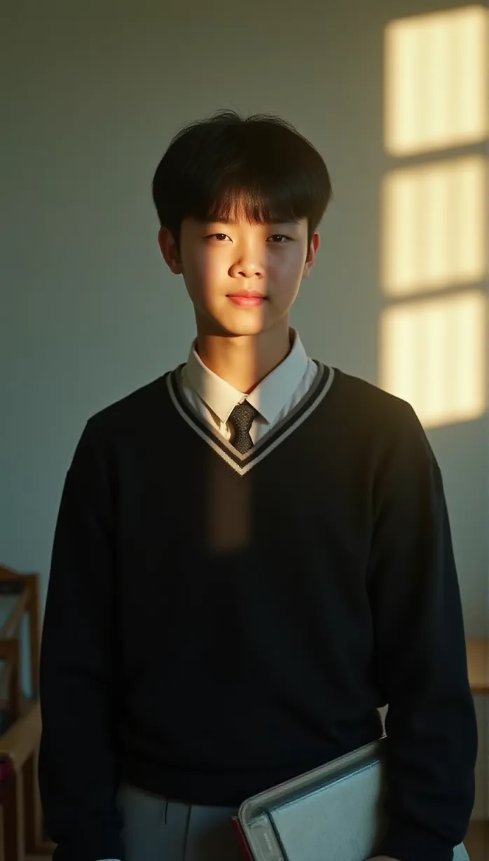 Image Close-up of 1 sexy teenager asian boy with black hair and a gentle smile, wearing a neat black school uniform with grey pants and holding a textbook. Sunlight filters through a classroom window, creating cinematic lighting and highlighting his thoughtful expression. The atmosphere is inviting.