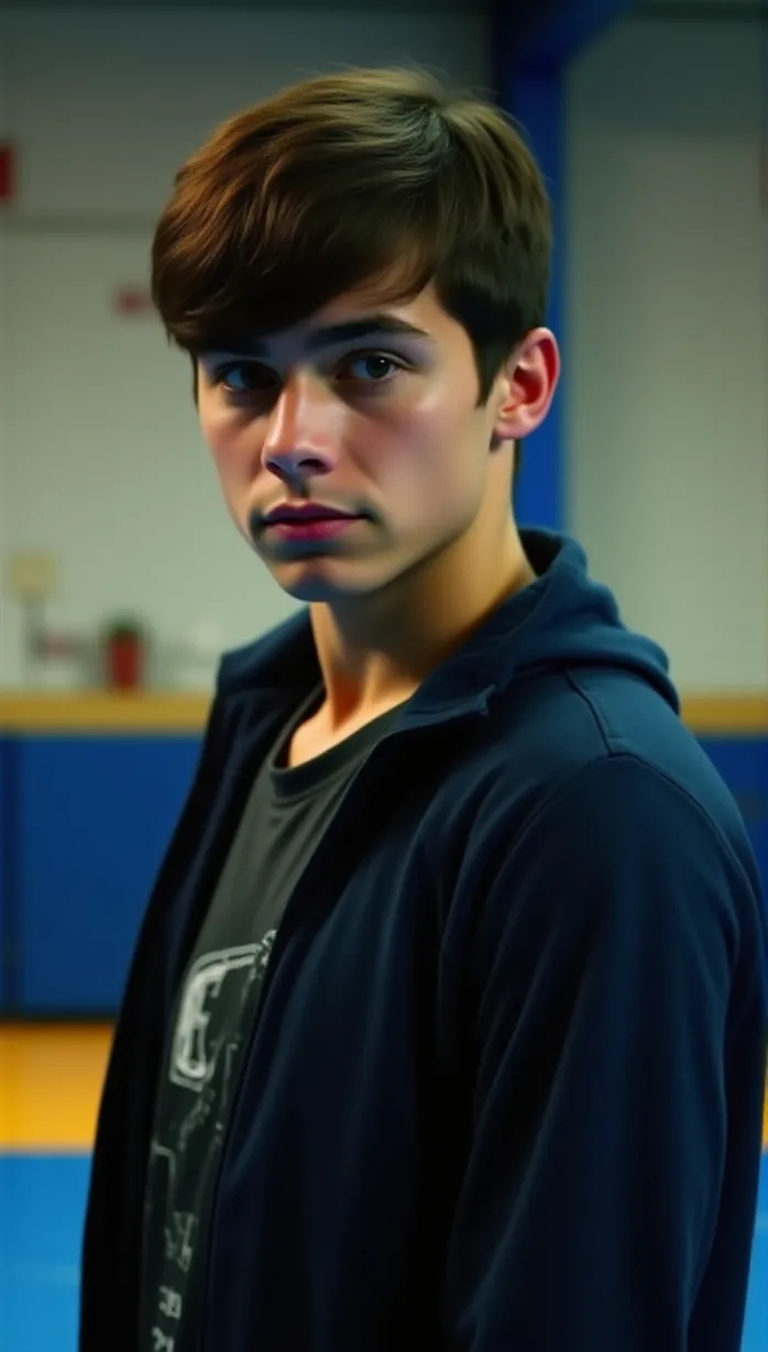 Image A close-up of a sexy teenager boy with short dark brown hair and a determined expression stands confidently in a brightly lit gymnasium. His muscular arms are slightly flexed, hinting at his enhanced strength. He wears a sports jacket, dark blue color.