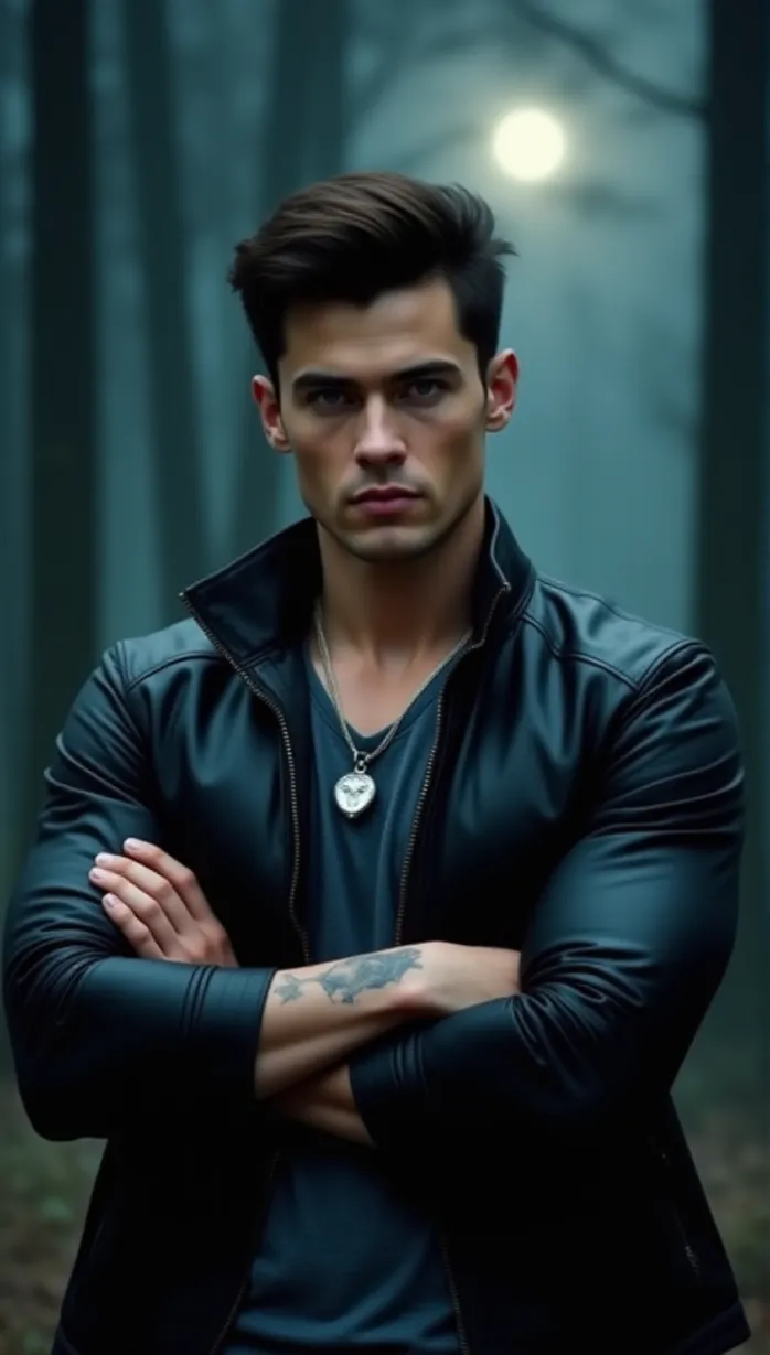 Image A sexy young adult white boy and, man, muscular build, broad shoulders, dark brown hair, styled back, piercing blue eyes, strong jawline, stands imposingly against a stormy forest backdrop, moonlight piercing through the canopy, emphasizing his determined gaze and commanding presence, wearing a black leather jacket, arms crossed, wolf pack tattoo on forearm, intense expression, movie poster, close-up, silver wolf pendant necklace, dark gray fitted shirt