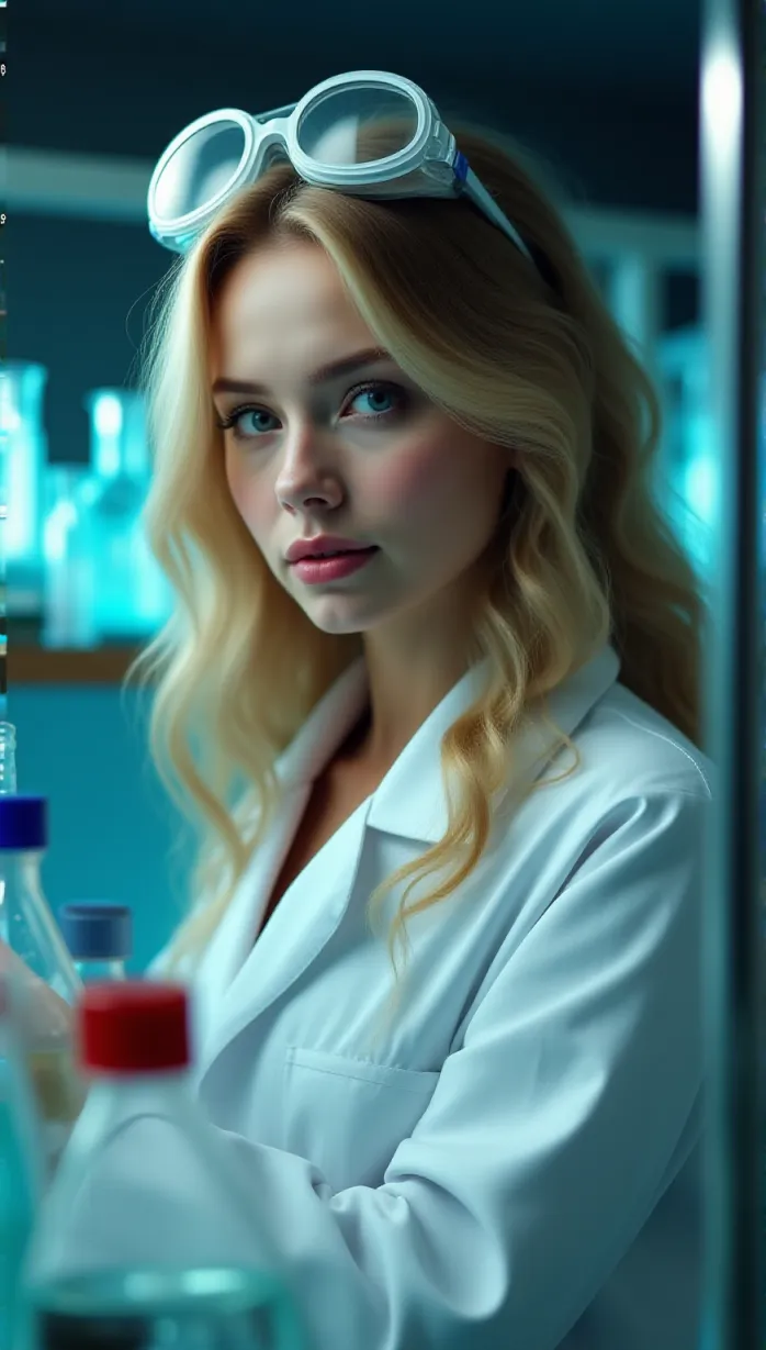 Image close-up of 1 sexy young_adult white 1girl and, 1woman, wavy blonde hair, lab coat, safety goggles perched on her head, focused expression, wearing a white lab coat, in a lab amidst bubbling beakers and complex scientific instruments, holding a vial, advanced laboratory equipment, dramatic lighting, movie poster