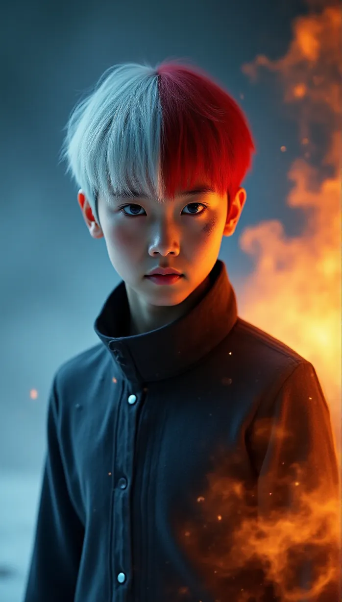 Image close-up of 1 sexy teenager asian 1boy with short bi-color hair, red and white, and a scar on his left eye, standing amidst a training ground scarred by ice and fire. His heterochromatic eyes, one icy blue, the other fiery gray, reflect inner turmoil. Half of his high-collared hero costume emits a chilling frost, while the other smolders with heat. His stance is firm, hands clenched. A determined gaze pierces through the smoky air, hinting at his resolve. The scene is dramatically lit, emphasizing the duality of his abilities and the heavy burden of his lineage, action movie poster