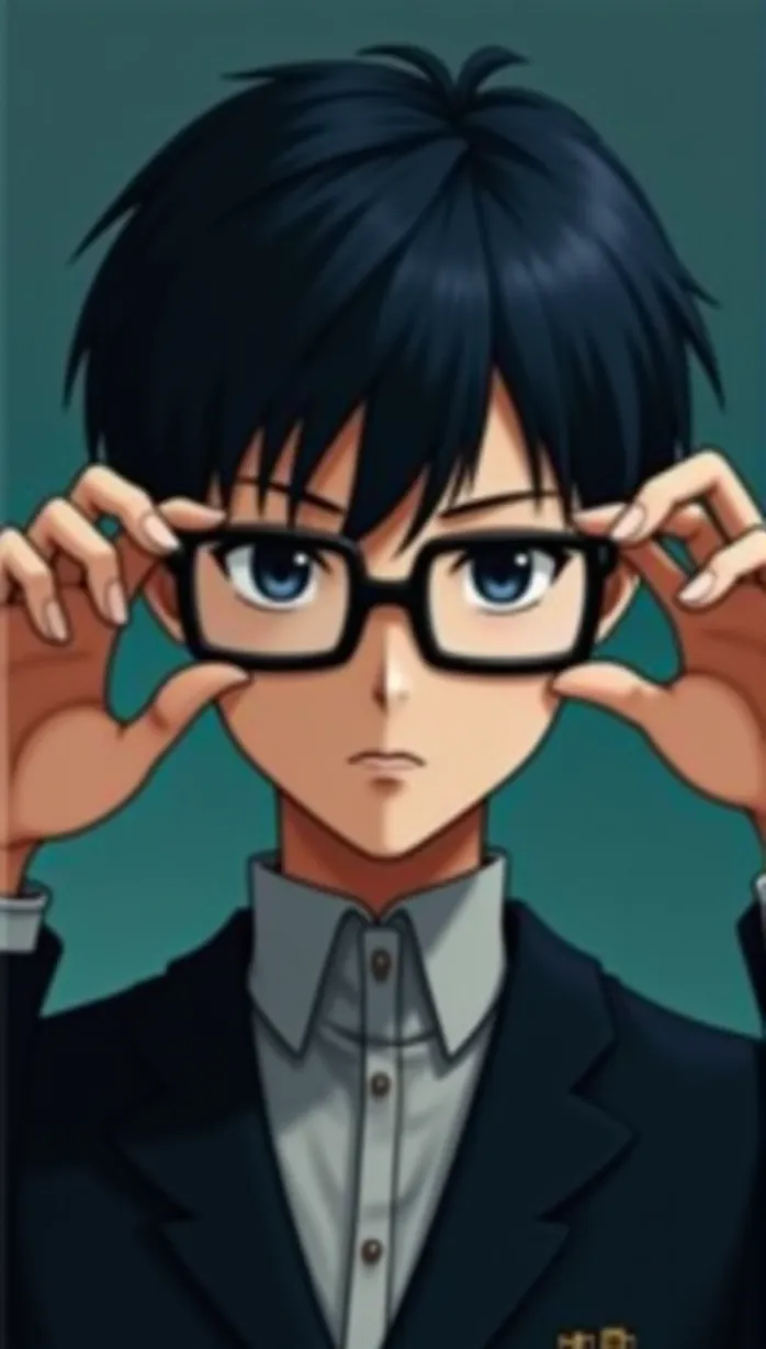 Image close-up of 1 sexy teenager asian boy, short dark blue hair, square-shaped glasses, serious expression, U.A. Academy uniform, high collar, meticulously adjusting his glasses with a determined gaze, his stance reflecting his dedication as a student at U.A. Academy, cinematic, film poster, clear scene design, classroom.