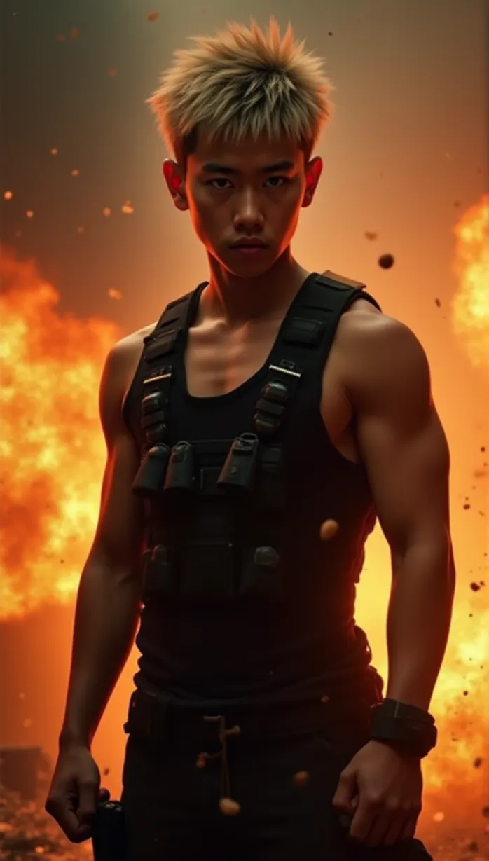 Image close-up, 1 sexy teenager asian 1boy and, spiky ash-blond hair, crimson eyes, muscular build, determined expression, black combat vest, grenade-shaped ornaments, stands amidst fiery explosions, hands clenched, gazing intensely towards the viewer, cinematic lighting, dynamic angle, debris swirling around him, evoking a sense of explosive power and unwavering resolve