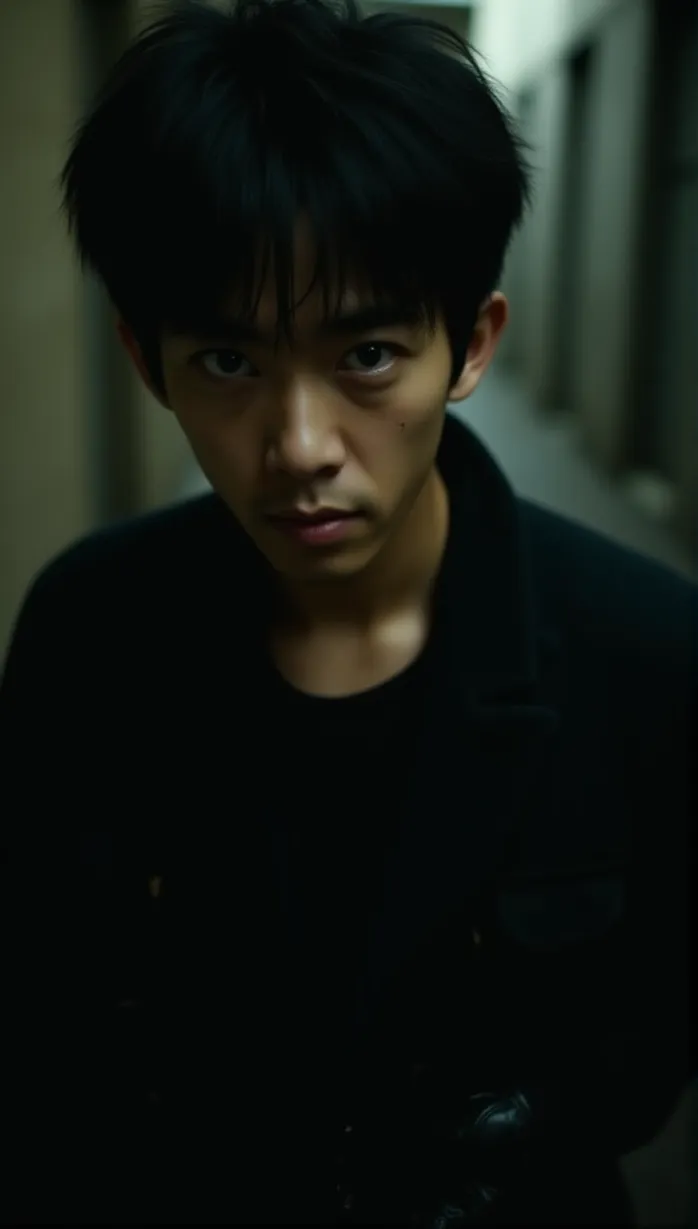 Image A sexy young_adult asian boy with black messy hair, sharp eyes, and a smirk, stands in a dimly lit alleyway. He has a muscular build and scars on his face. He is wearing a black jacket, and leather gloves. He is holding a detonator. Close-up, dramatic light, movie poster.