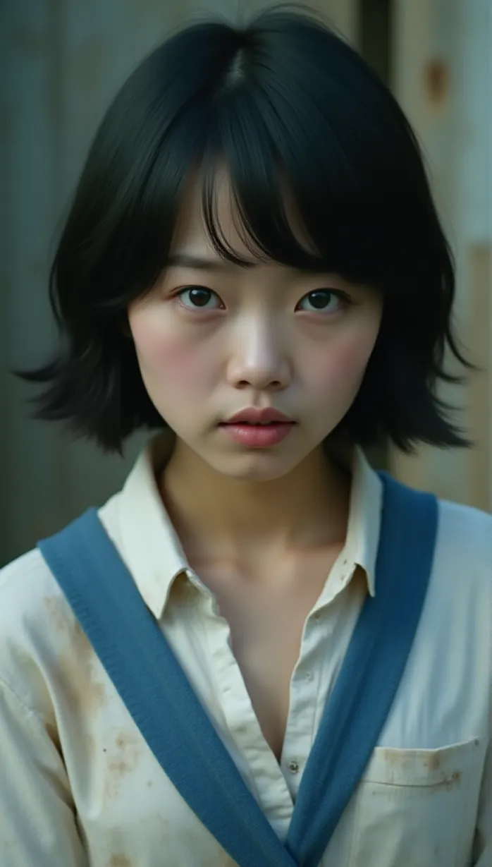 Image Close-up of 1 sexy teenager asian 1girl with short black hair and a determined expression, hopeful eyes. She wears a tattered white and blue school uniform with dirt stains and worn fabric, a symbol of resistance. The wind blows through her hair. Cinematic shot, hope amidst despair.