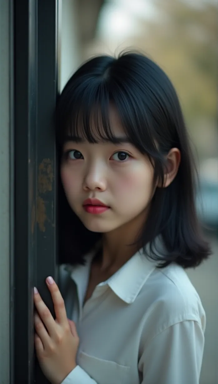 Image close-up of 1 sexy teenager asian 1girl and, a shy high school student, peeking from behind a school building, a nervous expression on her face, cinematic lighting, school background with cherry blossom trees, black hair, shoulder-length, bangs, white shirt