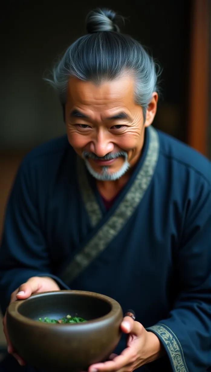 Image Close-up of 1 sexy middle_age asian 1boy and, 1man, middle-aged man, graying hair pulled back in a neat bun, weathered face, kind eyes, thin mustache, goatee, wearing a traditional Chinese doctors robe, dark blue fabric, embroidered with medicinal herbs patterns, wide sleeves. He is holding a mortar and pestle, grinding herbs with a gentle smile. Soft, natural lighting, focus on his kind eyes and gentle hands, depth of field, cinematic composition.