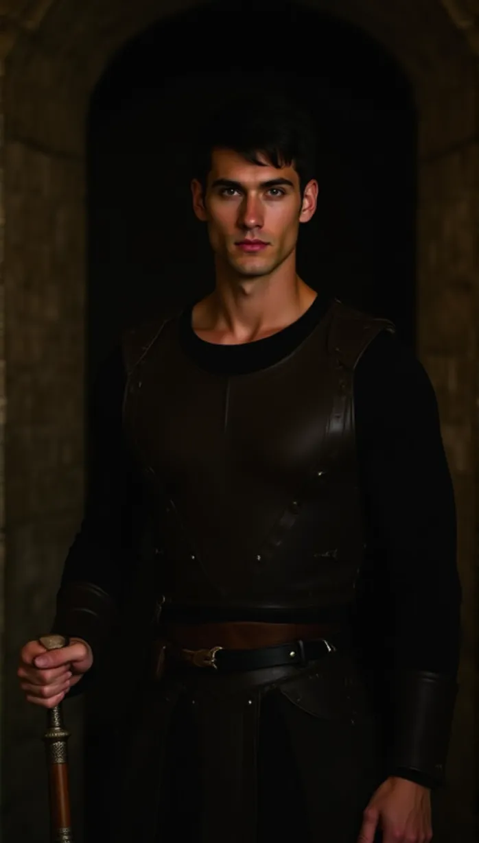 Image Close-up of 1 sexy young_adult white 1boy and, 1man with a muscular build, short dark hair, and an intense gaze, standing guard in a dimly lit, medieval castle corridor. He wears a dark brown tunic with metal accents and a leather belt. His hand rests on the hilt of a broadsword. Stone walls and flickering torchlight create shadows.
