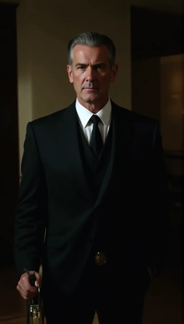 Image Close-up of 1 sexy middle_age white man, grey slicked-back hair, strong build, serious expression, wearing a black suit, white shirt, and black tie, with a gold watch on his wrist. He stands confidently in his opulent office, a determined expression on his face. He holds a vintage tommy gun. The backdrop features a dimly lit cityscape at night, movie poster, clear scene.