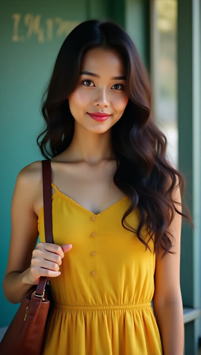 Image Close-up of 1 sexy young_adult asian 1girl and, 1woman, Indian, 22 years old with long, dark hair styled in loose waves and bright, curious eyes, stands at a Ukrainian bus stop. She has a warm, inviting smile and wears a bright yellow floral sundress. A brown leather satchel is slung over her shoulder, and shes holding a book titled Ukrainian Short Stories. Introspective gaze, cinematic, movie poster.