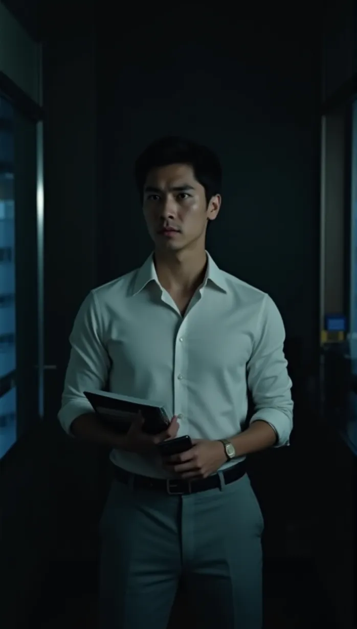 Image A movie poster of 1 sexy young_adult white 1boy and, 1man with short black hair and a clean-shaven face, of slim build with a worried expression, in close-up, wearing a white shirt and gray trousers, standing in a dimly lit office, holding files and a smartphone, looking cautiously towards a dark corner with mysterious shadows, city night view outside the window, film grain.