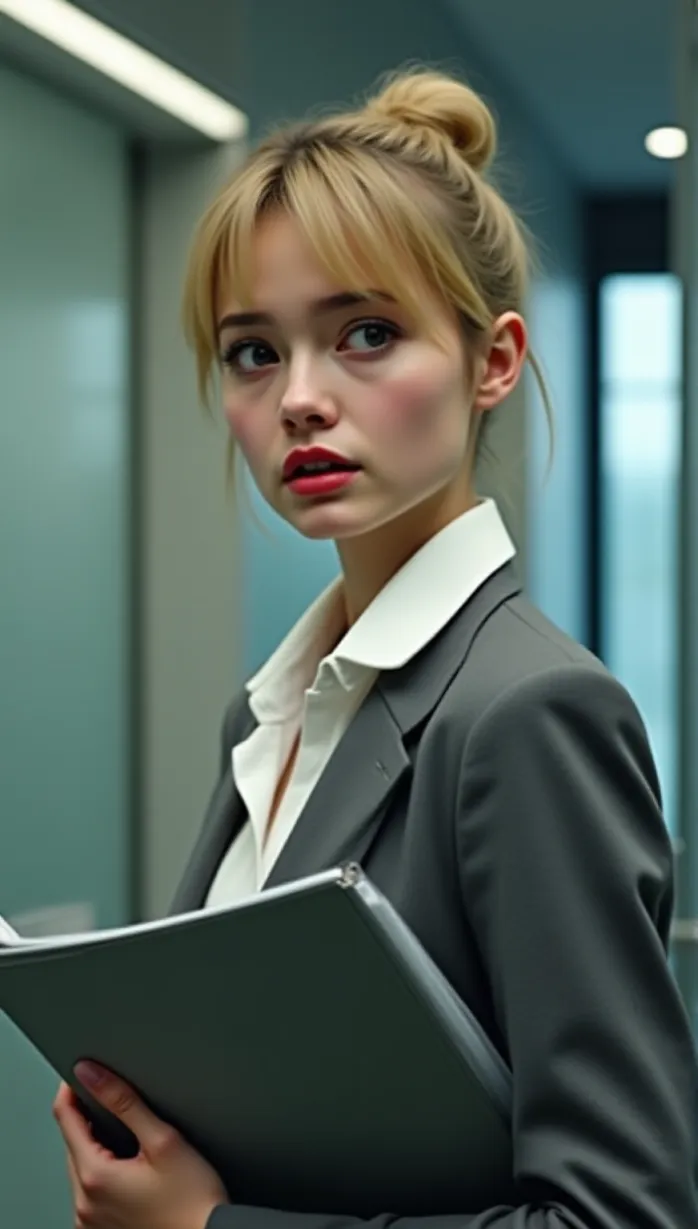 Image close-up of 1 sexy young_adult white 1girl, blonde hair in a neat bun, anxious expression, wearing a white collared shirt and grey blazer, nervously holding a clipboard, glancing over her shoulder with a concerned expression in a modern office, cinematic lighting, high-resolution.
