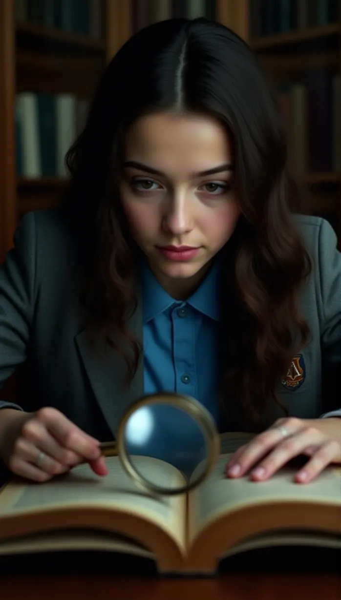 Image close-up of 1 sexy teenager white 1girl, long wavy dark brown hair, fair skin, intelligent eyes, slim build, wearing a blue collared shirt, grey blazer with the Ravenswheel Academy emblem on the pocket, peering intently at a hidden clue within an old book with a magnifying glass in the mansions library, cinematic, movie poster, mysterious, intense focus, dynamic angle