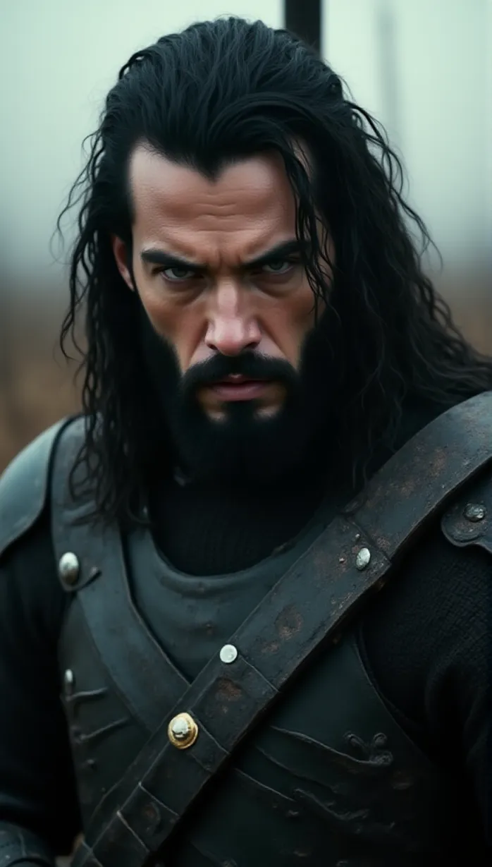Image Close-up of 1 sexy mid_adult white man, imposing figure with a black beard and long black hair, muscular build, and scarred shoulders, wearing dark leather armor with intricate designs and silver buckles. He is holding a dark sword with an intense gaze in a desolate battlefield, movie poster.