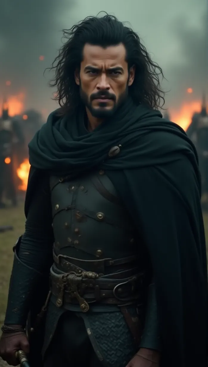 Image A powerful, seductive, and strategic mid_adult white 1boy and, 1man, former General, stands confidently amidst a chaotic battlefield, dark eyes piercing through the smoke, hand resting on the hilt of a massive, ornate sword, rugged face and beard commanding respect, billowing black cloak, sparks flying, intense determination, movie poster. close-up, rugged face, beard, black long hair, dark armor, metal belt, ornate sword. Do not include any character Settings below the waist
