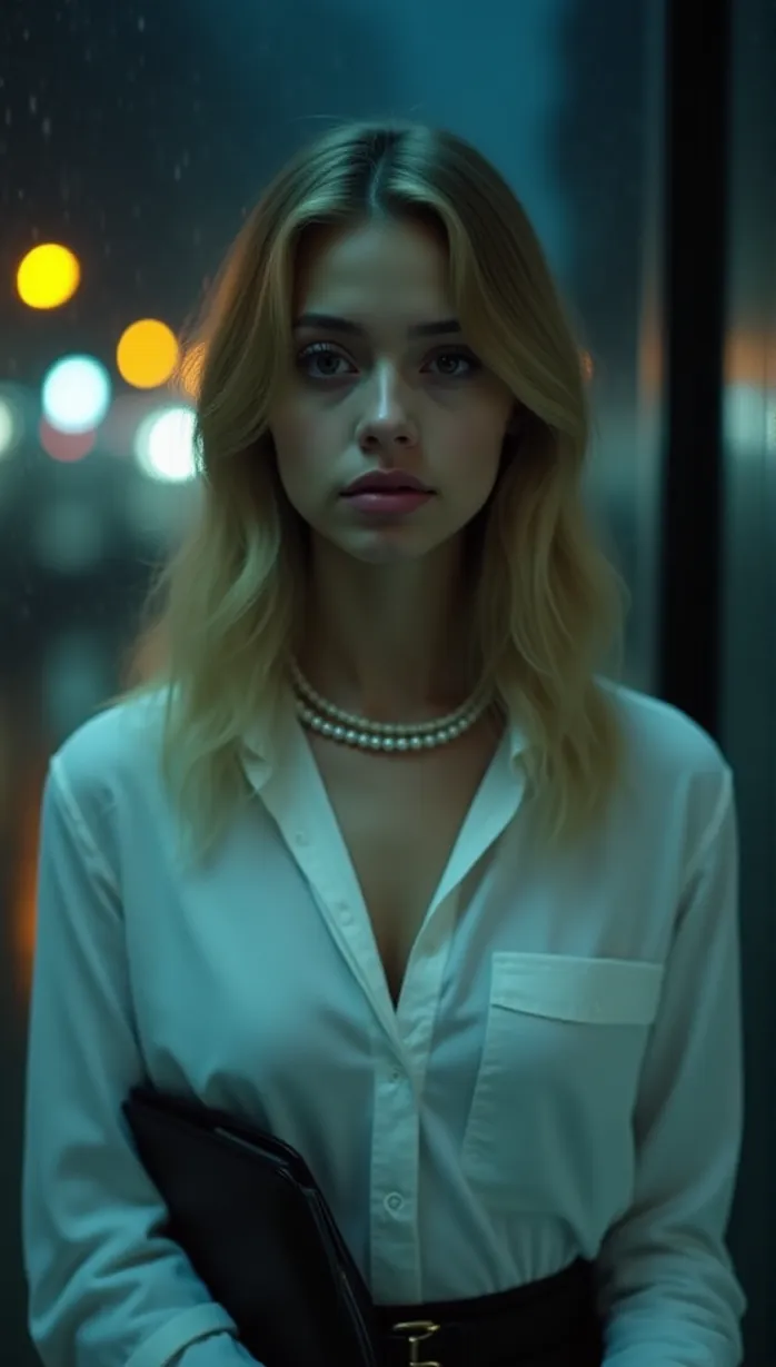 Image Close-up of 1 sexy young_adult white 1girl and, 1woman, blonde wavy hair, shoulder-length, delicate features, anxious expression, wearing a white button-up shirt, slightly oversized, top two buttons undone, pearl necklace, simple, elegant, slender build, nervous posture, holding a file folder close to her chest. The scene is a dimly lit office window. Her expression is a mix of hope and apprehension. Emphasize her youthful features and the stark contrast between her innocent demeanor and the dangerous environment. A rainy urban setting casts long shadows and reflects neon lights.
