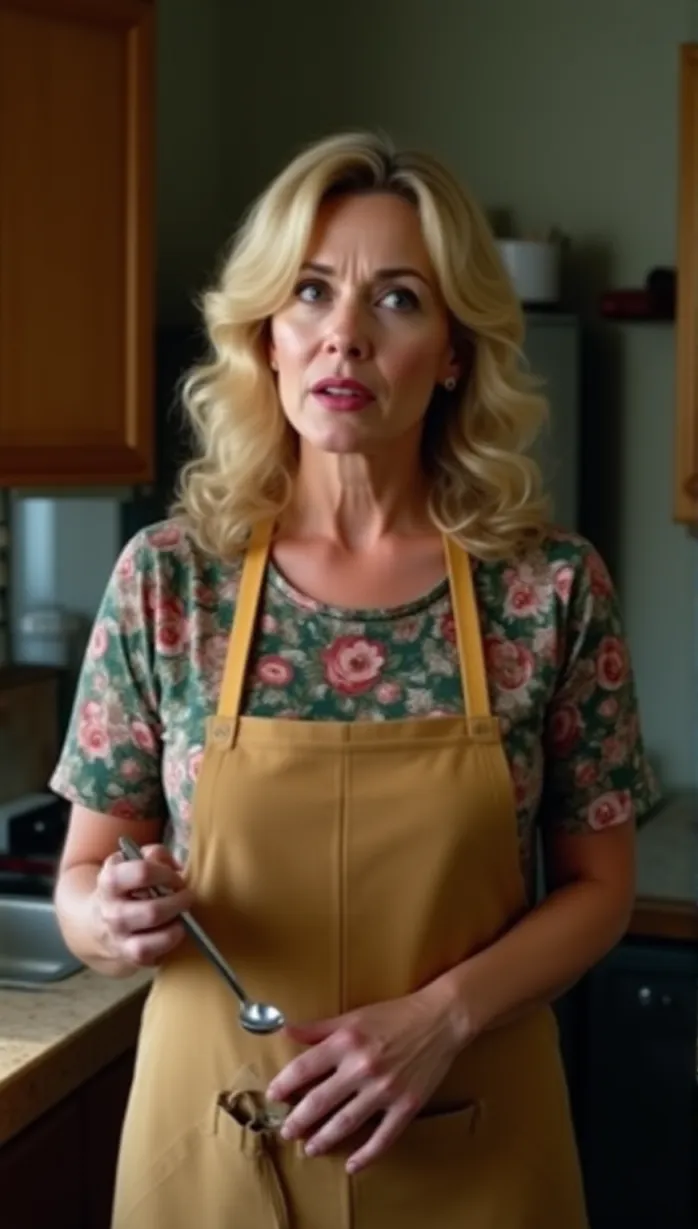 Image close-up of 1 sexy middle_age white 1girl and, 1woman, middle-aged, wavy blonde hair, indifferent expression, floral print dress, apron, holding a cooking spoon, standing in a cluttered kitchen with a dismissive expression, as if interrupted from cooking dinner, cinematic lighting