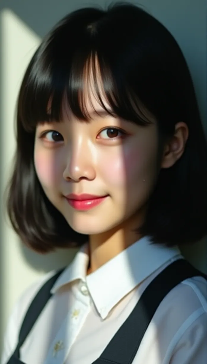 Image close-up of 1 sexy teenager asian 1girl, shoulder-length black hair, slight smile, school uniform, white blouse, bright, cinematic lighting