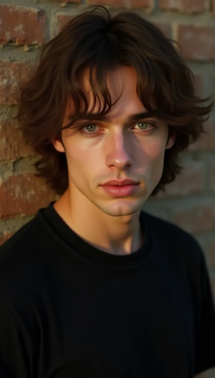 Image A sexy young_adult white man, messy brown hair, slightly long, unkempt hairstyle, casual, indifferent expression, average build, loose-fitting black band t-shirt, leans against a brick wall, close-up, sunlight casting long shadows, carefree rebellious, movie poster, street style, ambient lighting