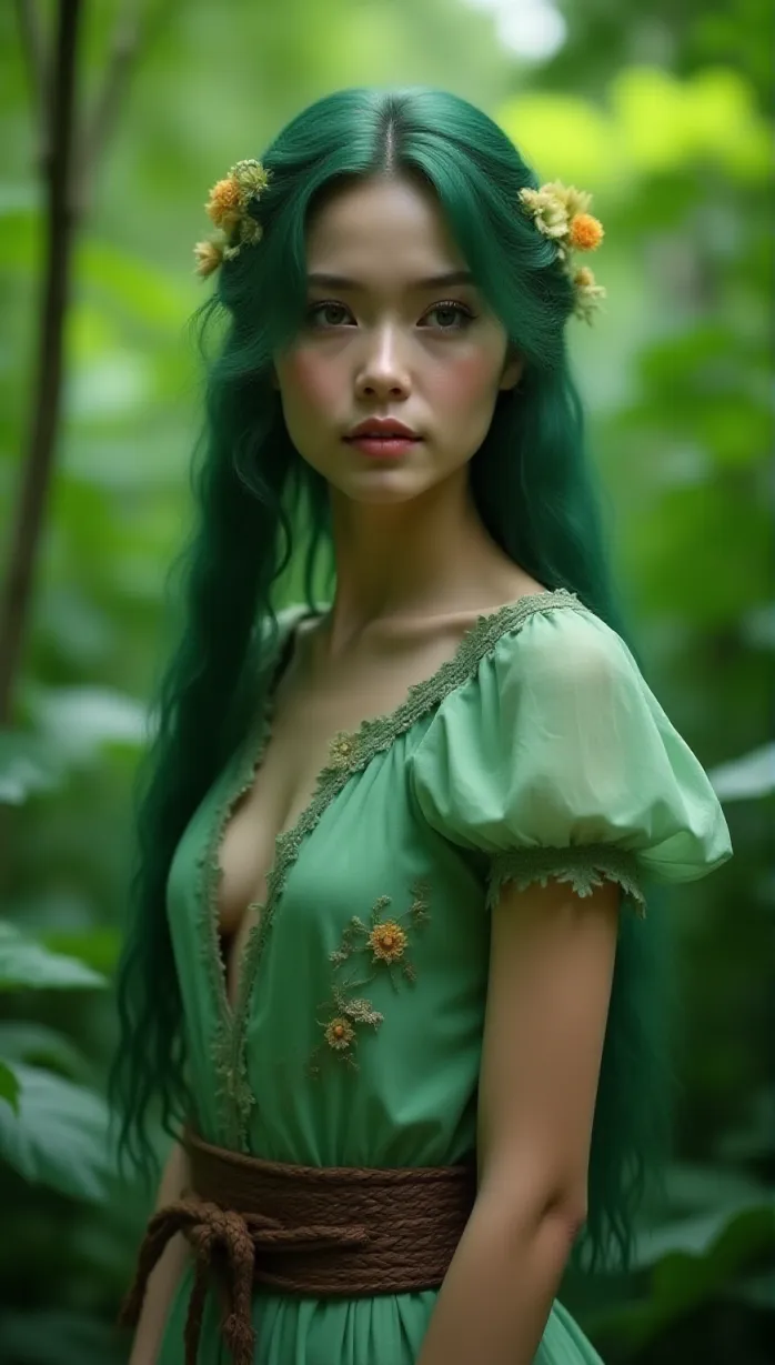 Image Close-up of 1 sexy young_adult white 1girl and, 1woman with long wavy green hair and forest green eyes, pale skin, wearing a botanist outfit with embroidered floral patterns and a woven belt, small gardening tools attached, in a lush forest, surrounded by glowing plants, holding a rare flower, serene expression, detailed green gown, sunlight filtering through leaves, mystical atmosphere