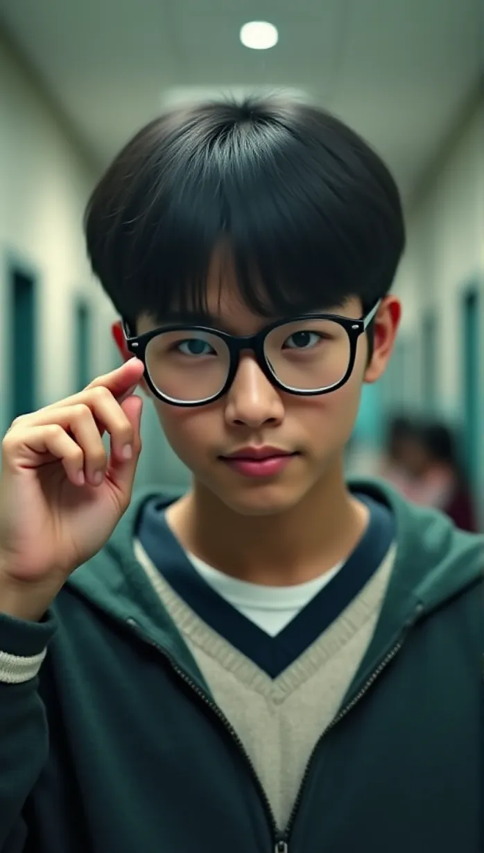 Image A close-up of 1 sexy teenager asian 1boy and, skinny build, adjusting his glasses with a slight smirk. He is wearing a school uniform. The backdrop is a bustling school hallway.