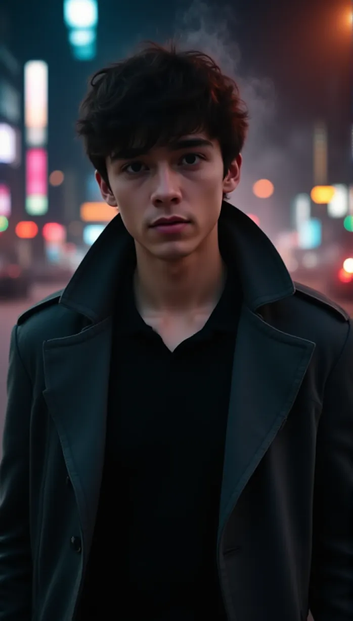 Image A sexy young_adult white 1boy and, 1man, with short dark hair and a messy hairstyle, stands confidently, cropped to a close-up. He has strong shoulders and wears a dark gray trench coat over a black shirt, accentuated by a stylish belt. A slight smirk plays on his lips as he holds a half-lit cigarette. Smoke swirls around him, cinematic, intriguing gaze, a movie poster. Neon lights illuminate the cityscape in the background.