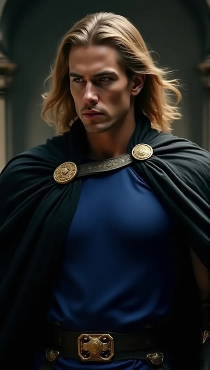 Image A close-up shot of 1 sexy young_adult white 1boy and, muscular build, wearing shoulder armor with gold trim and a flowing dark cloak with intricate embroidery. He is dressed in a royal blue tunic with a gold belt and ornate buckle. Wind blows through his cloak, cinematic lighting highlighting the determination in his eyes.