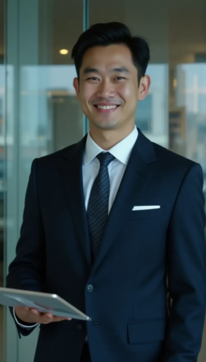 Image A close-up of 1 sexy young_adult asian 1boy and, 1man, with short black hair, neatly combed, and sharp facial features, stands confidently in a modern, glass-walled office. He is wearing a sharply tailored, dark blue suit with a white dress shirt and a subtle patterned tie. He holds a sleek tablet. He exudes ambition and success, with a slight smirk. The lighting emphasizes the sharp angles of his face. The background includes blurred city lights and abstract office art.
