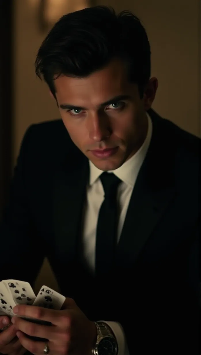 Image Close-up of 1 sexy young_adult white 1boy and, 1man with short dark hair, slicked back, strong jawline, and intense blue eyes, wearing a black suit, crisp white shirt, and black tie, with an expensive watch, holding poker cards in a dimly lit, smoky Parisian casino, intense gaze, cinematic lighting, film poster.