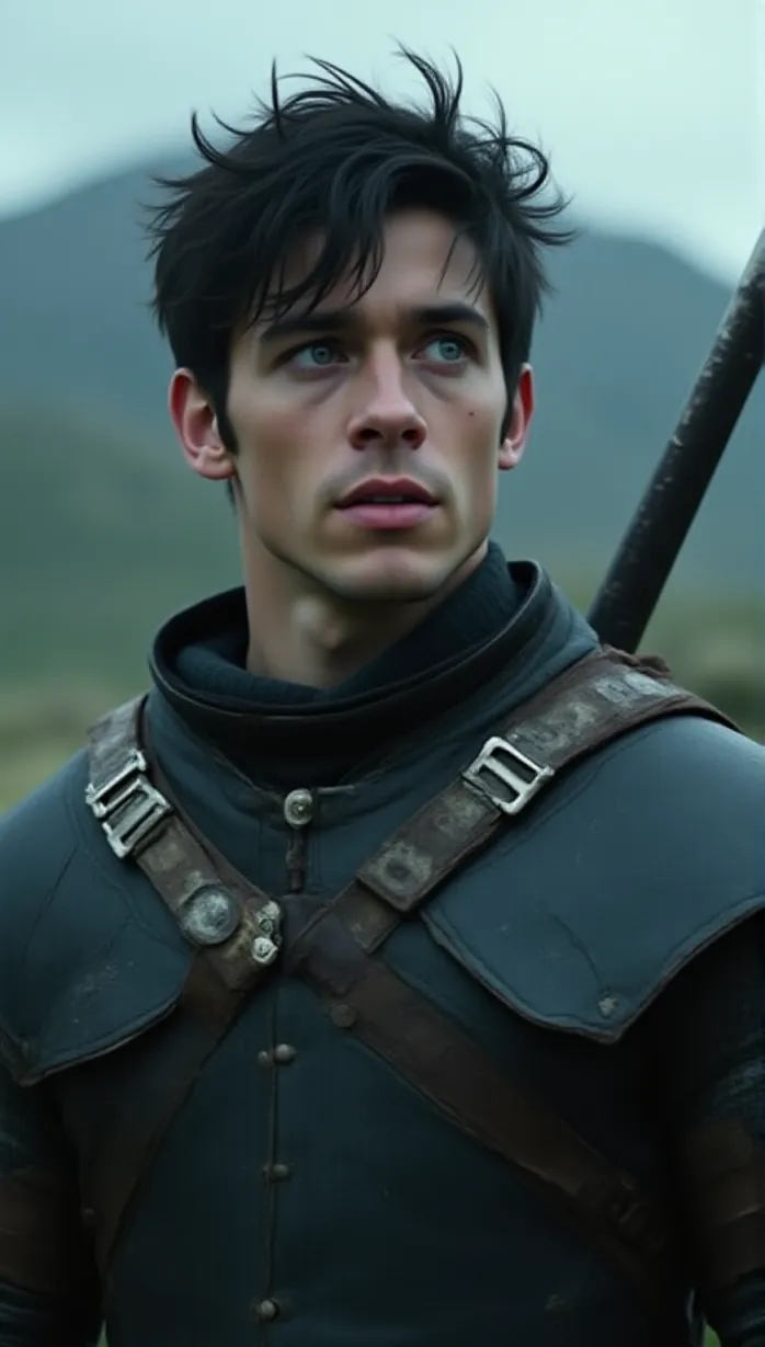 Image Close-up of 1 sexy young_adult white boy and, 1man, muscular build, dark hair, styled back, piercing blue eyes, weathered face, wearing worn leather armor, dark grey, intricate silver buckles. The conflicted warrior stands gazing upward with determination, hand resting on the hilt of his sword, wind blowing through his dark hair, cinematic, dramatic lighting. The Drakespine Mountains are in the background, misty.