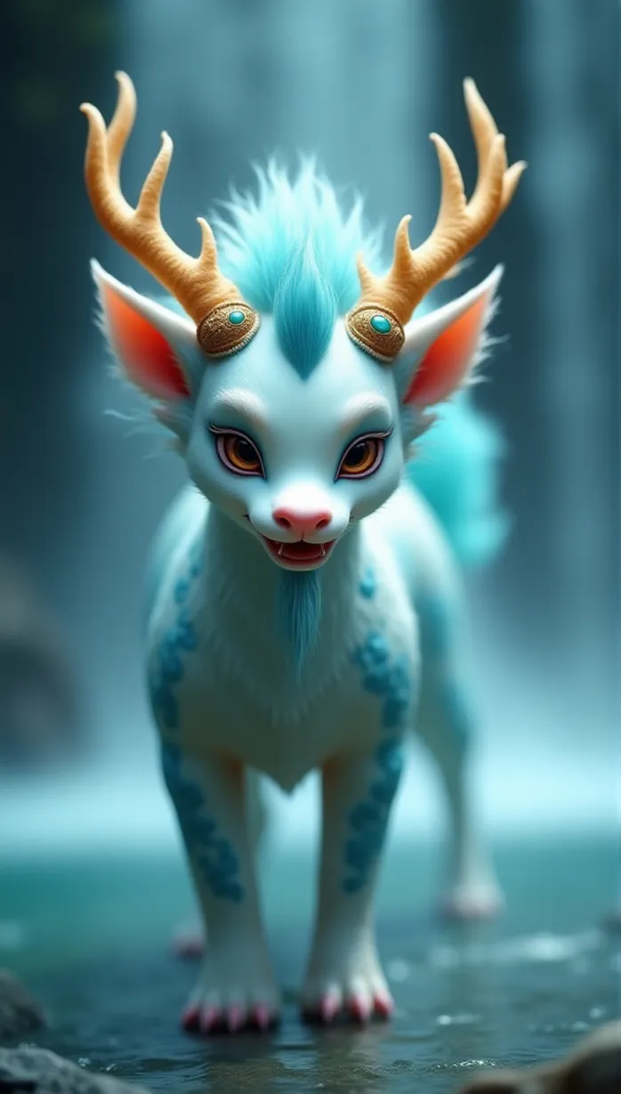 Image A close-up of a majestic qilin, a divine beast with a gentle face, blue and white scales, and flowing mane, its antlers adorned with jade ornaments and flowing ribbons, stands gracefully amidst a serene waterfall, its eyes filled with kindness and hope, cinematic, detailed background.