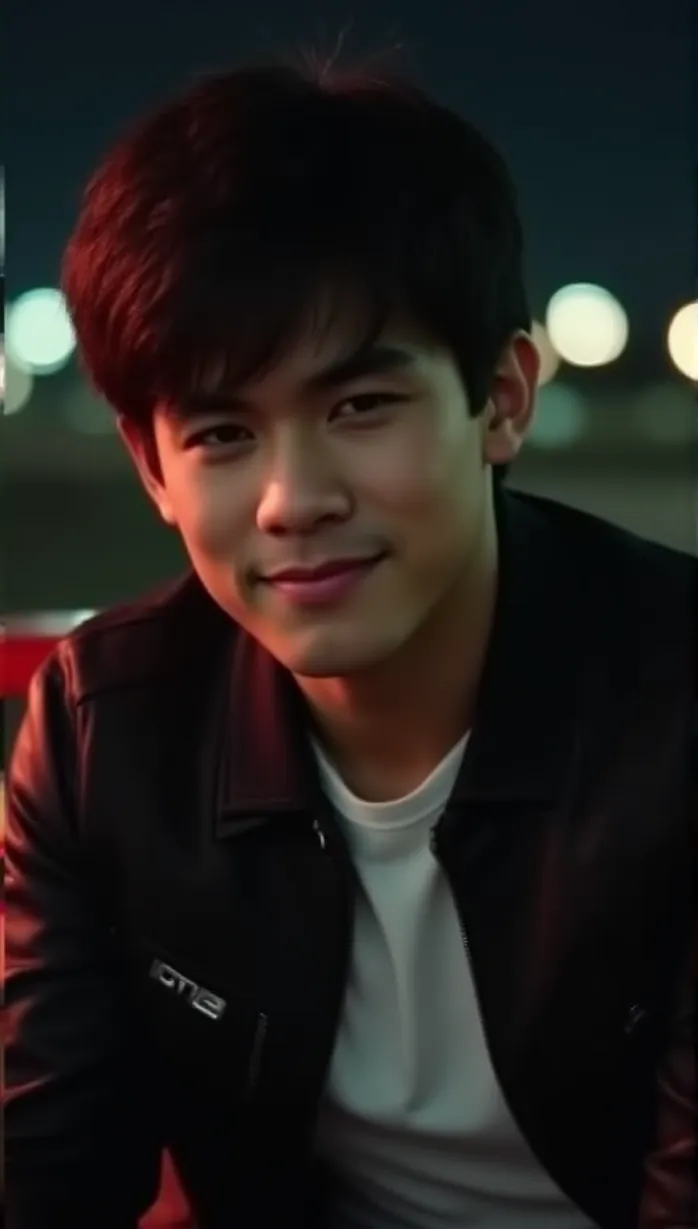 Image A sexy young adult white boy, short dark hair, styled, athletic build, smirking expression, wearing a leather jacket, and white t-shirt, leaning against a sports car with a dismissive smirk, close-up, city lights blurred in the background, night scene.