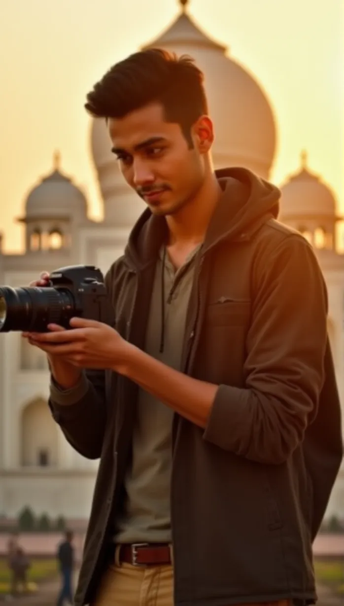 Image A sexy young adult Asian man with black hair, neatly styled, and a medium build, stands confidently in a close-up shot. The man is dressed in a khaki chinos and a brown leather belt, capturing the perfect shot with his camera. The scene is cinematic and detailed, set against the backdrop of the Taj Mahal at sunset during the golden hour, with a lens flare adding to the passionate atmosphere. The man appears as a professional photographer engrossed in his work.