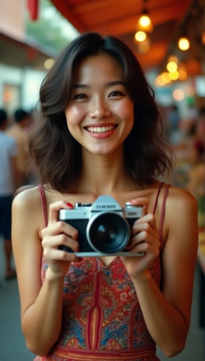 Image 1 sexy young_adult asian 1girl and, 1woman with shoulder-length dark hair, wavy hairstyle, playful strands, bright smile, and expressive eyes, movie poster, holding a vintage camera, smiling with a joyful expression, capturing a vibrant street food scene in a bustling market, dynamic angle, natural light, shallow depth of field. She is wearing a colorful bohemian dress with embroidered details, cinched waist, confident pose, capturing a moment.