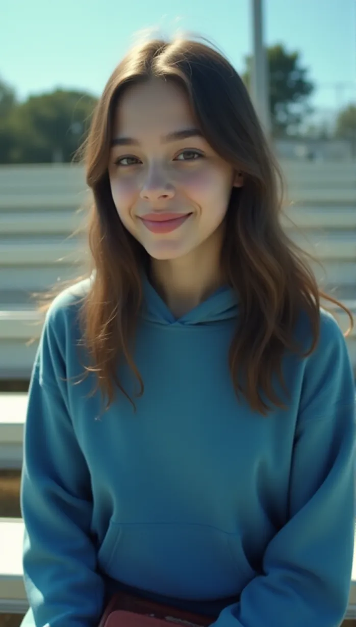 Image A sexy teenager white 1girl, cinematic movie poster, sits on the bleachers, side view, natural light, holds a book, smiling slightly, blue hoodie, dynamic angle, clear scene of a high school stadium during daytime, detailed background, long brown hair, casual hairstyle