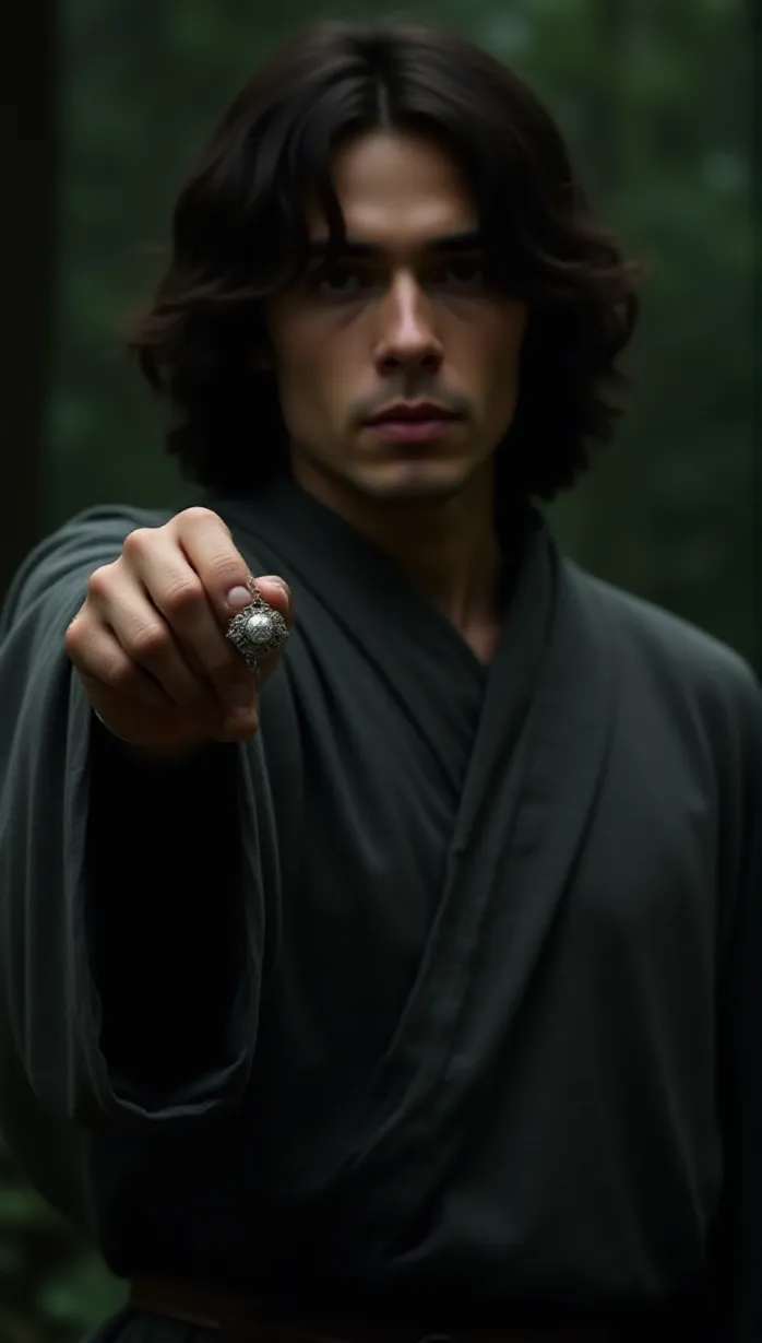 Image close-up of 1 sexy young_adult white boy and, 1man, dark brown hair, medium length, wavy, shadowy eyes, thin lips, simple, dark gray robe, worn leather belt, holding a silver coin glinting ominously in his hand, the Garden of Gethsemane looming as a somber backdrop, movie poster