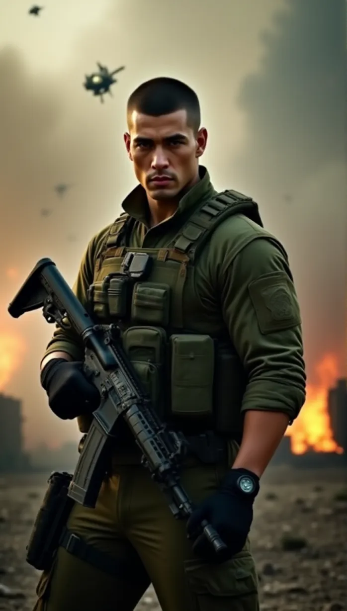 Image Close-up of 1 sexy young_adult white 1boy and, 1man, short dark brown hair, military buzz cut, muscular build, rugged face, intense gaze, wearing a military green combat uniform, tactical vest, ammunition pouches, and black gloves, stands confidently amidst a battlefield scene with explosions and alien invaders in the background, M4 rifle in hand, determined expression, dynamic lighting, smoke and debris swirling around, intense and action-packed, gritty texture.