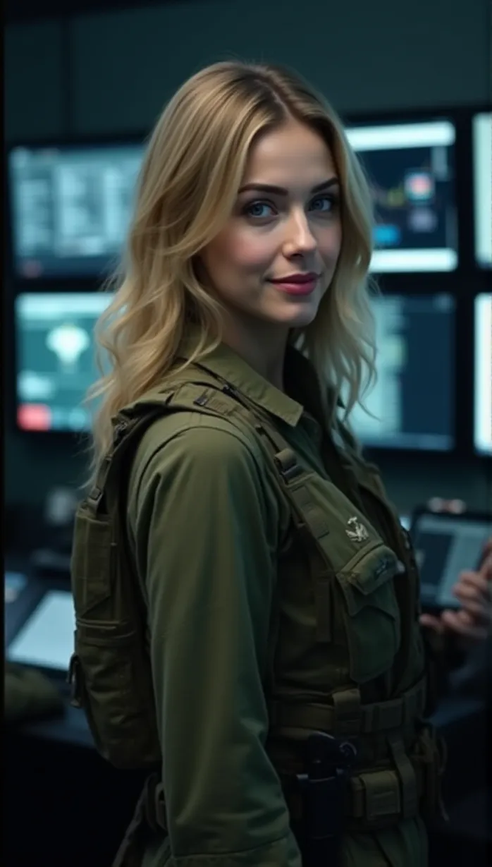 Image close-up of 1 sexy young_adult white 1girl and, 1woman, slender build, blonde wavy hair, shoulder-length, blue eyes, slight smile, military uniform, olive green, tactical belt, multiple pouches, holstered sidearm, determined expression, holding a tablet displaying strategic data, set against a backdrop of a military command center, filled with monitors and communication equipment, cinematic lighting, dramatic shadows, intense, focused