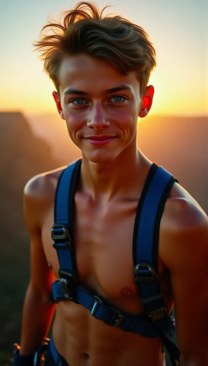 Image Close-up of 1 sexy young_adult white boy and, 1man, athletic build, short brown hair, bright blue eyes, tanned skin, blue climbing harness, carabiners, rope attached, black athletic gloves, a charismatic adventurer, stands atop a towering rock formation, wind tousling his hair, against the backdrop of a breathtaking sunset, cinematic, intense gaze, confident smile, action shot, dynamic composition