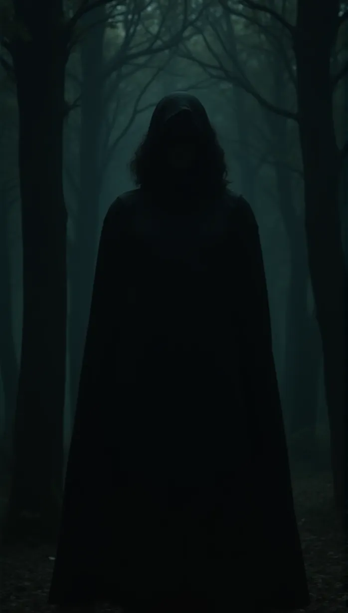 Image A sexy mid_adult , a menacing, enigmatic figure lurking in the shadows, a shadowy presence in a dimly lit ancient forest, cinematic movie poster, mysterious, hands in dark shadow, wearing a dark cloak.