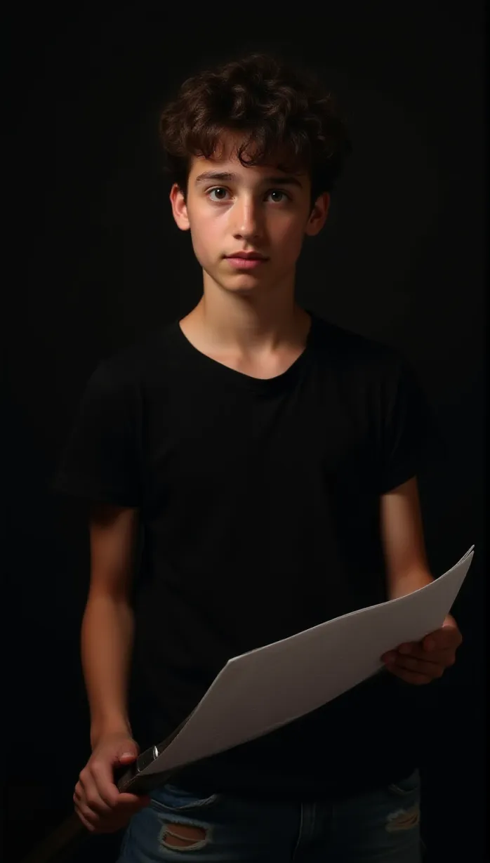 Image A sexy teenager boy with short curly brown hair and expressive brown eyes, slightly freckled skin, strikes a dramatic pose, close-up, holding a script, spotlight shining on his confident expression, wearing a black t-shirt and ripped blue jeans, with stage makeup kit and theater prop sword