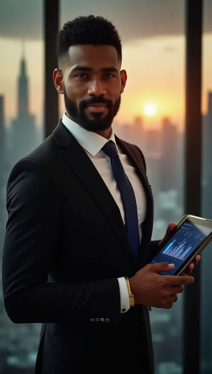 Image close-up of 1 sexy mid_adult black boy and, 1man with a confident expression, short black hair, well-groomed beard, strong build, wearing a black suit, white dress shirt, and dark blue tie. A gold watch is visible on the wrist, complemented by visible shirt cuffs. He is holding a digital tablet displaying business analytics. The shot is set in a modern office with large windows overlooking a city skyline at sunset, cinematic lighting, sharp focus, dynamic angle, movie poster.