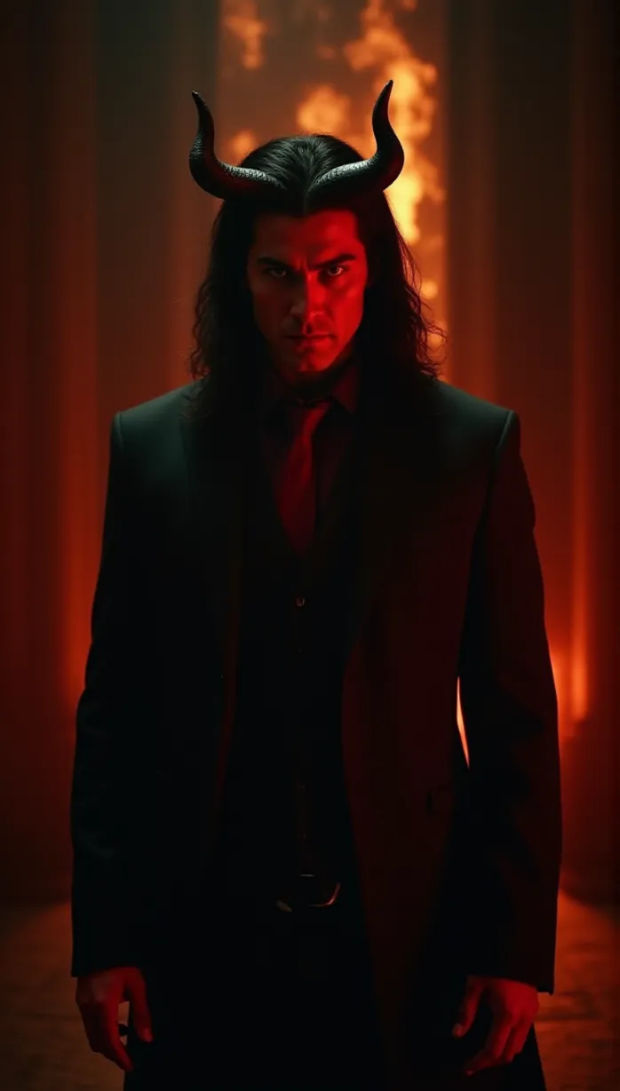 Image close-up, A muscular man, the devil, with black long hair and sharp facial features, wearing a black suit and red tie, with horns and dark red skin, stands amidst a fiery, gothic cathedral, holding a contract, a sly grin on his face, cinematic, dramatic lighting, dark fantasy