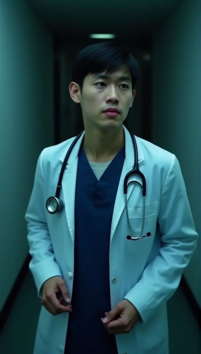 Image close-up of 1 sexy young_adult white 1boy and, 1man, short dark hair, concerned expression, determined eyes, well-groomed, wearing a white doctors coat, dark blue scrubs underneath, and a stethoscope around neck, his hands slightly trembling, stands in a dimly lit hospital hallway, face a mask of moral conflict, cinematic lighting, dramatic pose, movie poster.