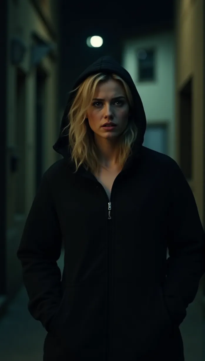 Image Close-up of 1 sexy young_adult white woman, blonde wavy hair, shoulder-length, anxious expression, fearful eyes, wearing a dark hooded jacket, hands in pockets, slight hunch, in a dimly lit small town street at night, cinematic movie poster, fear, caution, walking away from a looming male figure, the scene is filled with suspense and mystery.