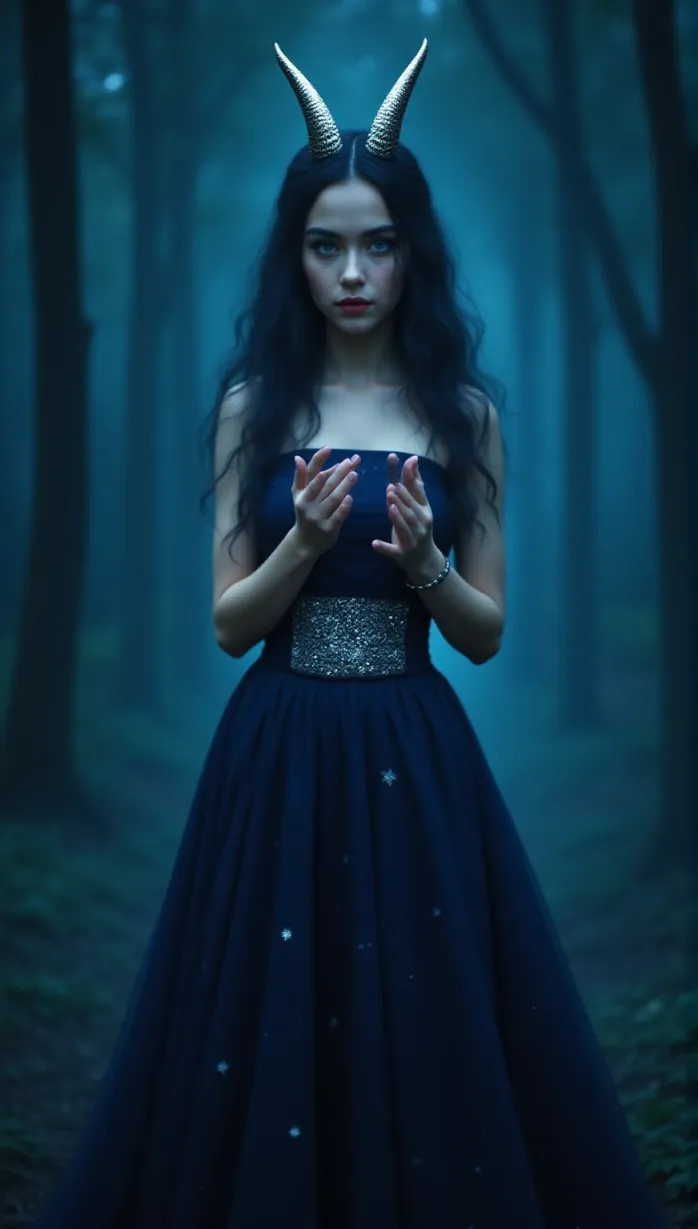 Image Close-up of 1 sexy young_adult white 1girl and, 1woman, silver long horn, dark blue long wavy hair, piercing blue eyes, slender body, flowing dark blue gown with starry patterns, silver belt, elegant, mystical night princess, movie poster, standing gracefully in a moonlit ethereal forest, casting a protective spell, wisps of dark magic swirling around her hands, gentle expression, serene, mystical scene design.