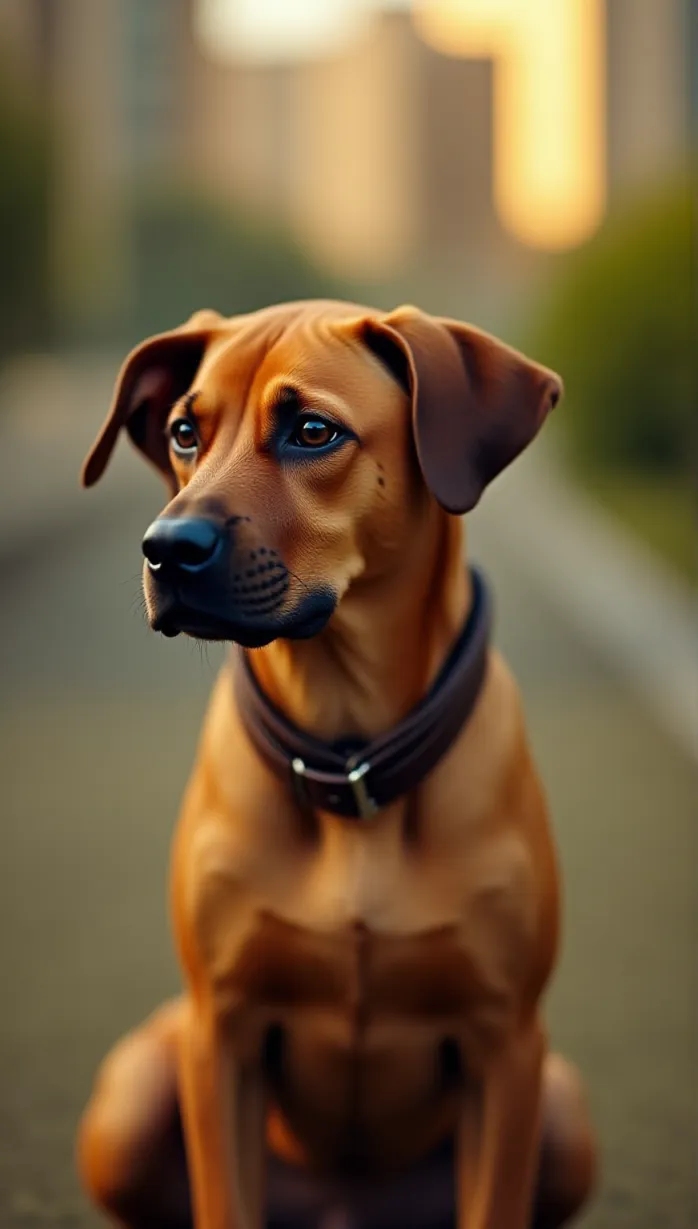 Image Close-up of 1dog, pitbull-hound mix, muscular build, short brindle coat, floppy ears, intelligent eyes, loyal expression, brown leather collar, sits patiently, head slightly tilted, looking attentively towards an unseen figure, showcasing loyalty and gentleness, urban park background, golden sunlight, focus on detailed facial expression