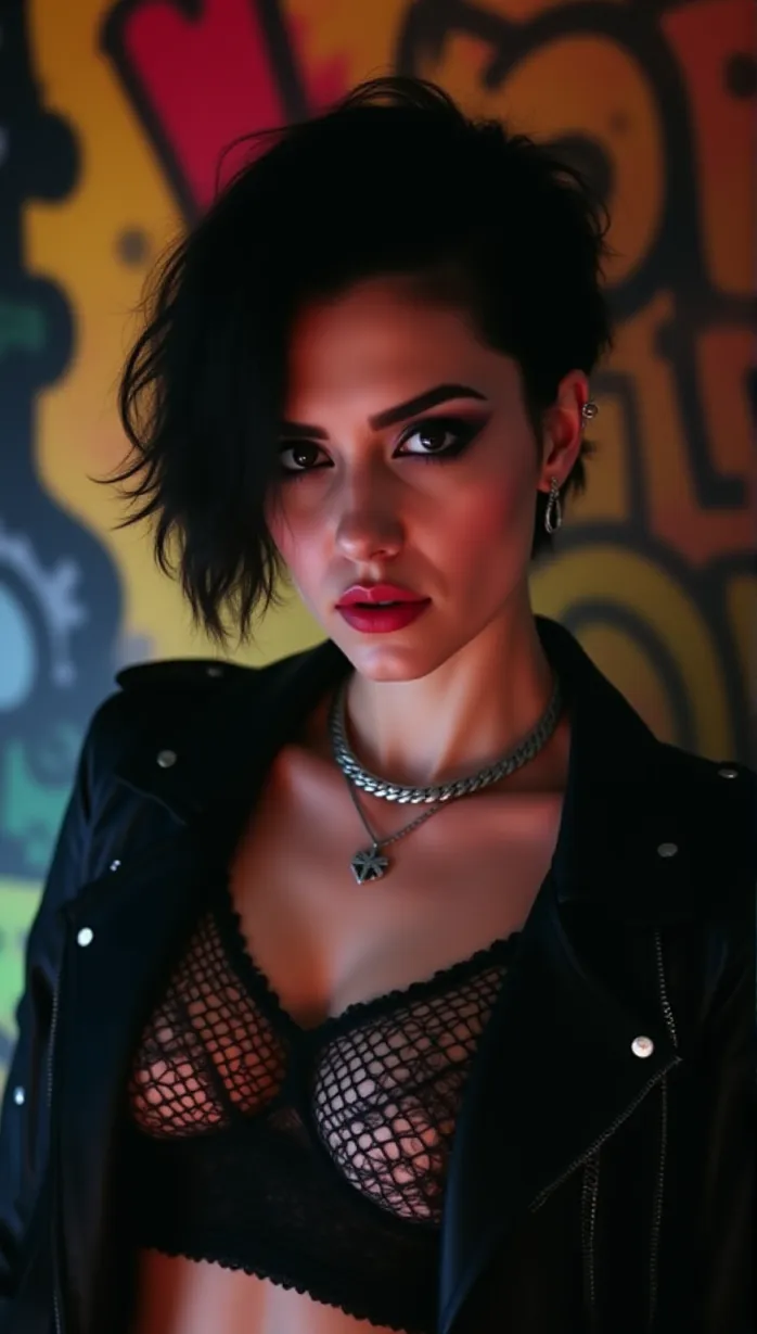 Image A sexy young_adult white 1girl and, 1woman with short dark choppy hair, smoky eyes, and bold makeup stands confidently on a vibrant, graffiti-covered stage. Close-up on upper body, she wears a black ripped fishnet top, a studded black leather jacket, a silver chain necklace, and has multiple ear piercings. Intense concert lighting illuminates her serious and passionate expression, highlighting her edgy punk rock style and rebellious energy. Her determined gaze commands attention, with a music poster visible in the background.