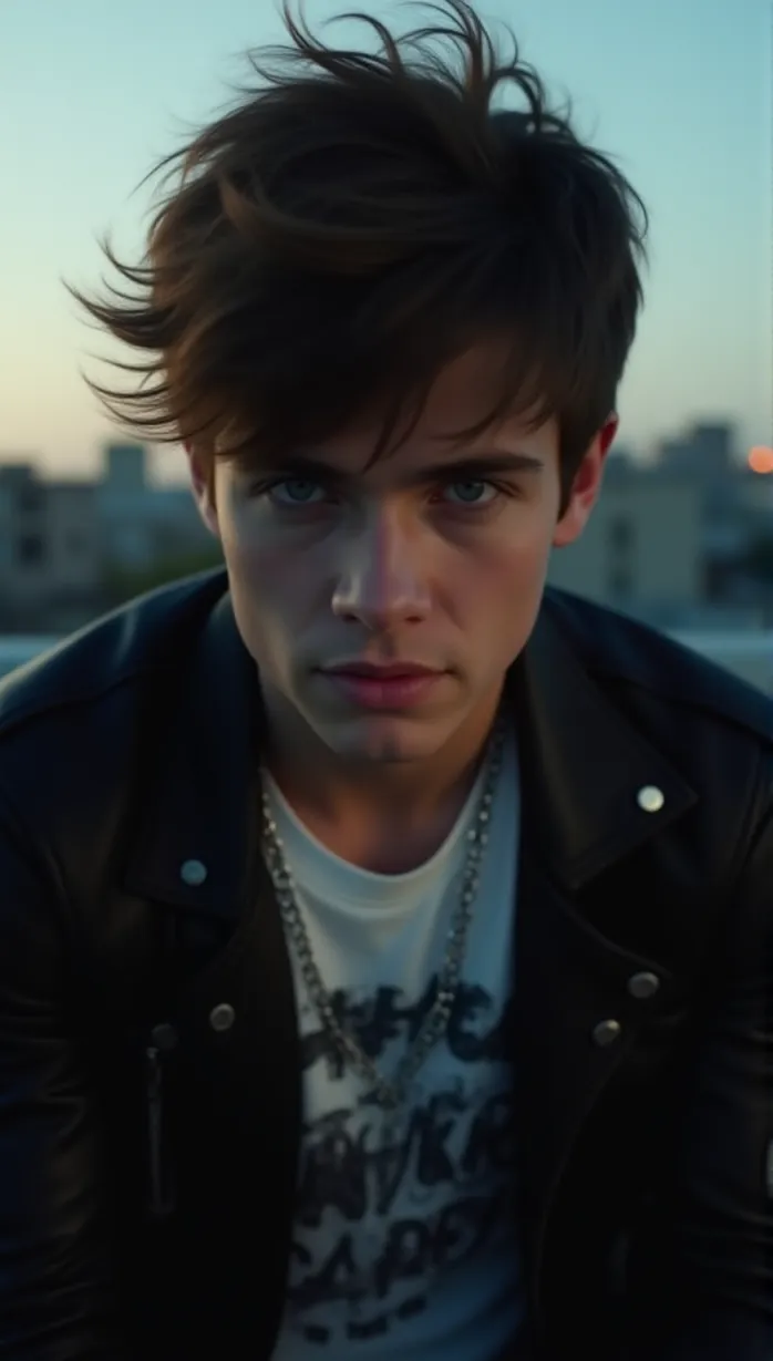 Image Close-up of 1 sexy young_adult white boy, athletic build, messy dark brown hair, piercing blue eyes, slight smirk, wearing a black leather jacket and a white graphic t-shirt with a silver chain. He is in a protective stance on an urban rooftop at twilight, hands slightly raised, ready for action, mysterious gaze, cinematic lighting, emphasizing shadows and determination, wind blowing through hair. Gritty yet hopeful atmosphere.